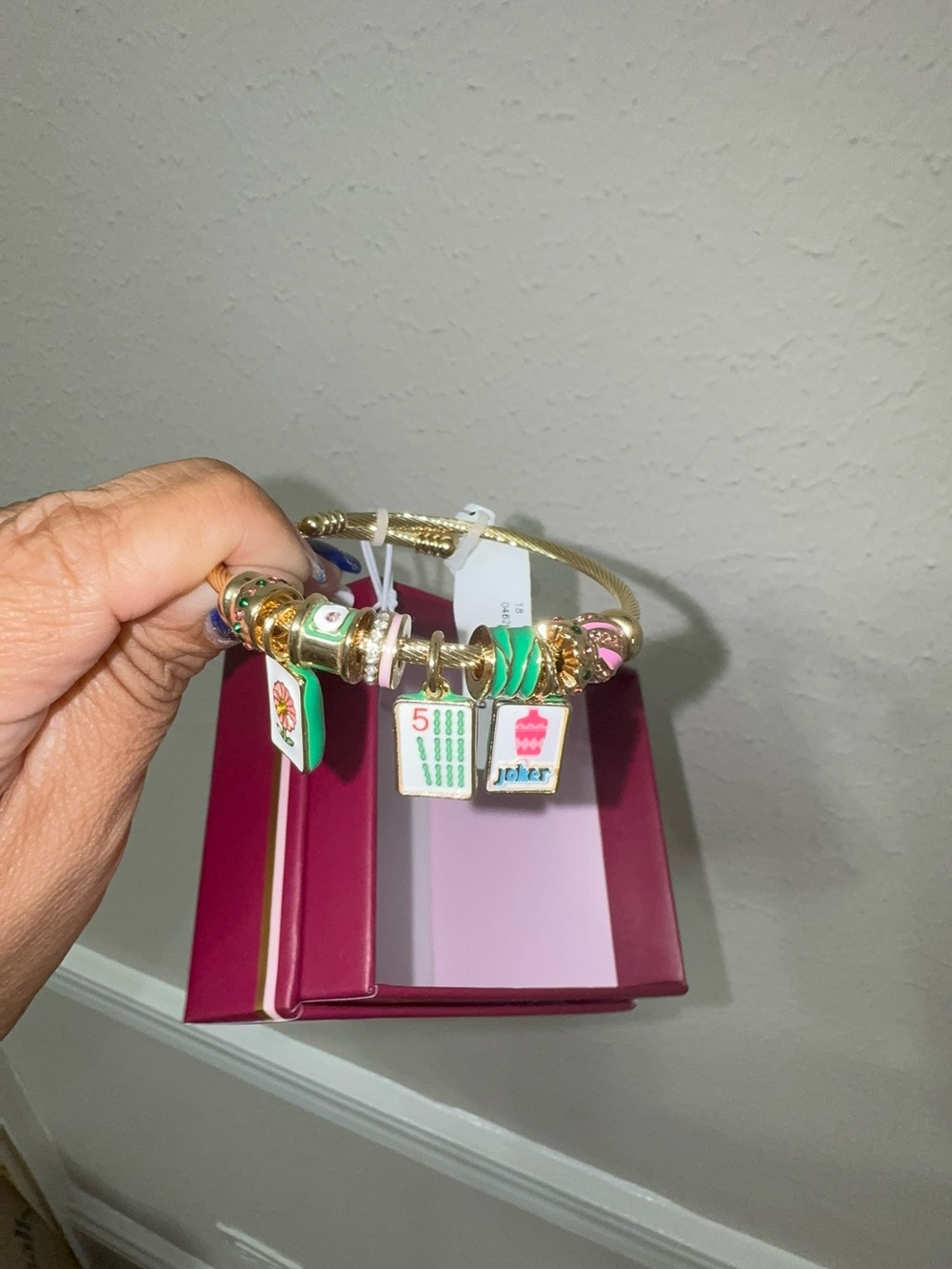 Mahjong Tile Gold-Tone Charm Bangle Bracelet with Green and Pink Enamel Accents